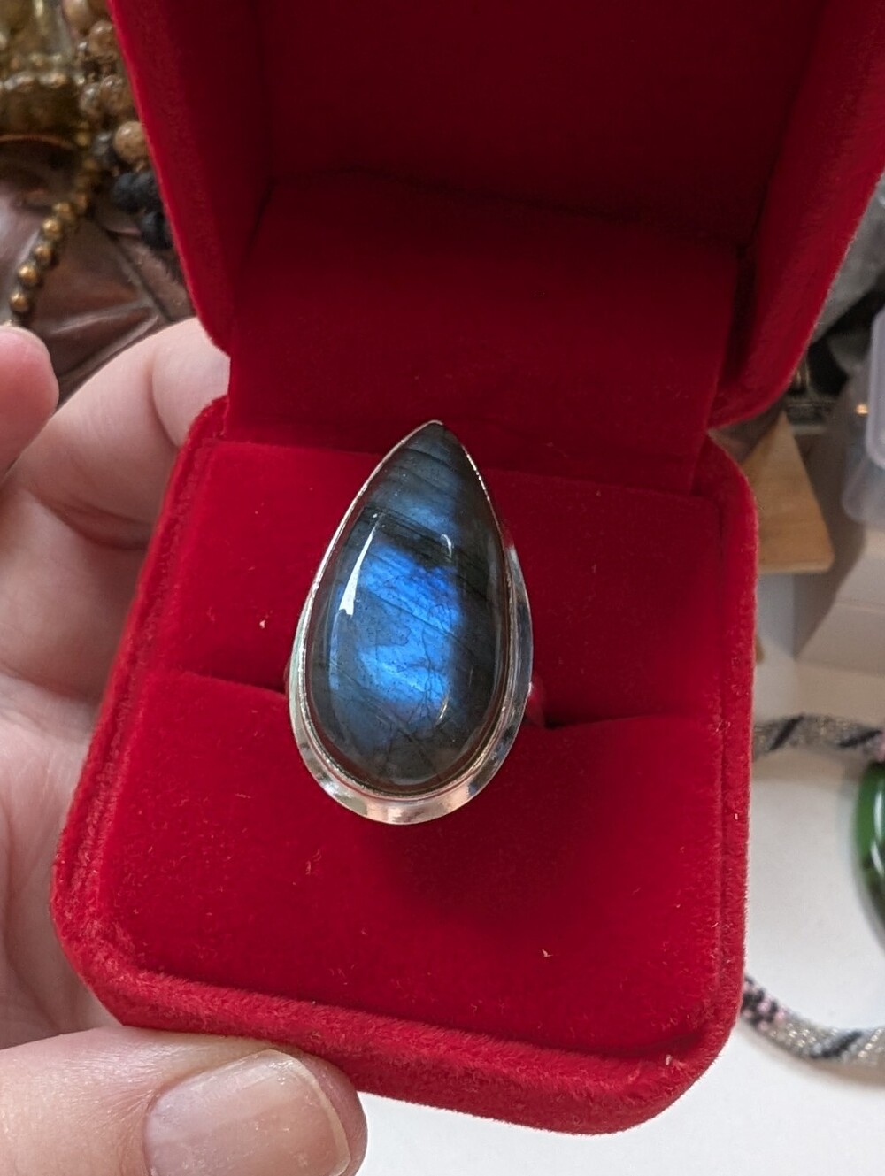 Sterling Silver Blue Flash Labradorite Teardrop Statement Ring Size 8.75